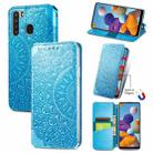 For Samsung Galaxy A21 Blooming Mandala Embossed Pattern Magnetic Horizontal Flip Leather Case with Holder & Card Slots & Wallet(Blue) - 1