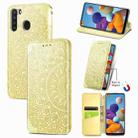 For Samsung Galaxy A21 Blooming Mandala Embossed Pattern Magnetic Horizontal Flip Leather Case with Holder & Card Slots & Wallet(Yellow) - 1
