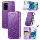 For Samsung Galaxy S20 Ultra Blooming Mandala Embossed Pattern Magnetic Horizontal Flip Leather Case with Holder & Card Slots & Wallet(Purple) - 1