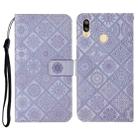 For Huawei Y7 (2019) Ethnic Style Embossed Pattern Horizontal Flip Leather Case with Holder & Card Slots & Wallet & Lanyard(Purple) - 1