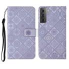 For Samsung Galaxy Galaxy S21 5G Ethnic Style Embossed Pattern Horizontal Flip Leather Case with Holder & Card Slots & Wallet & Lanyard(Purple) - 1