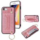 For iPhone SE 2022 / SE 2020 / 8 / 7 Glitter Powder PU+TPU Shockproof Protective Case with Holder & Card Slots & Wrist Strap(Pink) - 1