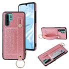 For Huawei P30 Glitter Powder PU+TPU Shockproof Protective Case with Holder & Card Slots & Wrist Strap(Pink) - 1