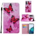 For Samsung Galaxy S21+ 5G Cross Texture Painting Pattern Horizontal Flip Leather Case with Holder & Card Slots & Wallet & Lanyard(Pink Butterfly) - 1