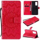 For Xiaomi Mi 10T / 10T Pro Sun Embossing Pattern Horizontal Flip Leather Case with Card Slot & Holder & Wallet & Lanyard(Red) - 1