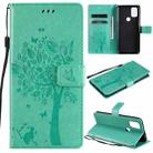 For OnePlus Nord N10 5G Tree & Cat Pattern Pressed Printing Horizontal Flip PU Leather Case with Holder & Card Slots & Wallet & Lanyard(Green) - 1