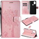For OnePlus Nord N10 5G Tree & Cat Pattern Pressed Printing Horizontal Flip PU Leather Case with Holder & Card Slots & Wallet & Lanyard(Rose Gold) - 1