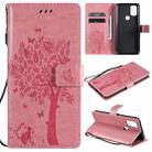 For OnePlus Nord N10 5G Tree & Cat Pattern Pressed Printing Horizontal Flip PU Leather Case with Holder & Card Slots & Wallet & Lanyard(Pink) - 1