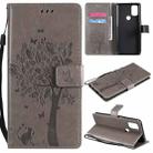 For OnePlus Nord N10 5G Tree & Cat Pattern Pressed Printing Horizontal Flip PU Leather Case with Holder & Card Slots & Wallet & Lanyard(Grey) - 1