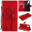 For OnePlus Nord N10 5G Tree & Cat Pattern Pressed Printing Horizontal Flip PU Leather Case with Holder & Card Slots & Wallet & Lanyard(Red) - 1