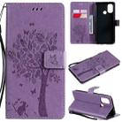 For OnePlus Nord N100 Tree & Cat Pattern Pressed Printing Horizontal Flip PU Leather Case with Holder & Card Slots & Wallet & Lanyard(Light Purple) - 1