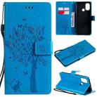 For OnePlus Nord N100 Tree & Cat Pattern Pressed Printing Horizontal Flip PU Leather Case with Holder & Card Slots & Wallet & Lanyard(Blue) - 1