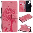 For OnePlus Nord N100 Tree & Cat Pattern Pressed Printing Horizontal Flip PU Leather Case with Holder & Card Slots & Wallet & Lanyard(Pink) - 1