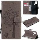 For OnePlus Nord N100 Tree & Cat Pattern Pressed Printing Horizontal Flip PU Leather Case with Holder & Card Slots & Wallet & Lanyard(Grey) - 1