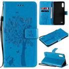 For LG K22 / K22 Plus Tree & Cat Pattern Pressed Printing Horizontal Flip PU Leather Case with Holder & Card Slots & Wallet & Lanyard(Blue) - 1