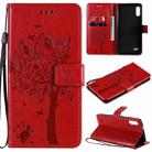 For LG K22 / K22 Plus Tree & Cat Pattern Pressed Printing Horizontal Flip PU Leather Case with Holder & Card Slots & Wallet & Lanyard(Red) - 1