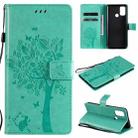 For OPPO A53(2020) / A32 Tree & Cat Pattern Pressed Printing Horizontal Flip PU Leather Case with Holder & Card Slots & Wallet & Lanyard(Green) - 1