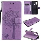 For OPPO A53(2020) / A32 Tree & Cat Pattern Pressed Printing Horizontal Flip PU Leather Case with Holder & Card Slots & Wallet & Lanyard(Light Purple) - 1