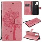 For OPPO A53(2020) / A32 Tree & Cat Pattern Pressed Printing Horizontal Flip PU Leather Case with Holder & Card Slots & Wallet & Lanyard(Pink) - 1