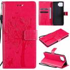 For OPPO F17 / A73 Tree & Cat Pattern Pressed Printing Horizontal Flip PU Leather Case with Holder & Card Slots & Wallet & Lanyard(Rose Red) - 1