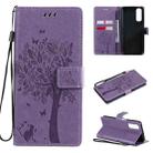 For OPPO Realme 7 Tree & Cat Pattern Pressed Printing Horizontal Flip PU Leather Case with Holder & Card Slots & Wallet & Lanyard(Light Purple) - 1