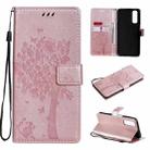 For OPPO Realme 7 Tree & Cat Pattern Pressed Printing Horizontal Flip PU Leather Case with Holder & Card Slots & Wallet & Lanyard(Rose Gold) - 1