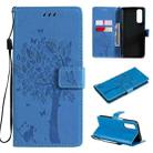 For OPPO Realme 7 Tree & Cat Pattern Pressed Printing Horizontal Flip PU Leather Case with Holder & Card Slots & Wallet & Lanyard(Blue) - 1