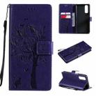 For OPPO Realme 7 Tree & Cat Pattern Pressed Printing Horizontal Flip PU Leather Case with Holder & Card Slots & Wallet & Lanyard(Purple) - 1