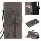 For OPPO Realme 7 Tree & Cat Pattern Pressed Printing Horizontal Flip PU Leather Case with Holder & Card Slots & Wallet & Lanyard(Grey) - 1