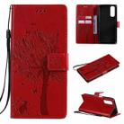 For OPPO Realme 7 Tree & Cat Pattern Pressed Printing Horizontal Flip PU Leather Case with Holder & Card Slots & Wallet & Lanyard(Red) - 1