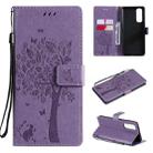 For OPPO Reno4 Pro 4G Tree & Cat Pattern Pressed Printing Horizontal Flip PU Leather Case with Holder & Card Slots & Wallet & Lanyard(Light Purple) - 1