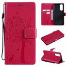 For OPPO Reno4 Pro 4G Tree & Cat Pattern Pressed Printing Horizontal Flip PU Leather Case with Holder & Card Slots & Wallet & Lanyard(Rose Red) - 1