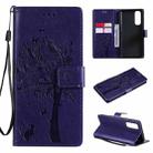 For OPPO Reno4 Pro 4G Tree & Cat Pattern Pressed Printing Horizontal Flip PU Leather Case with Holder & Card Slots & Wallet & Lanyard(Purple) - 1