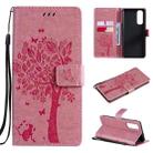 For OPPO Reno4 Pro 4G Tree & Cat Pattern Pressed Printing Horizontal Flip PU Leather Case with Holder & Card Slots & Wallet & Lanyard(Pink) - 1