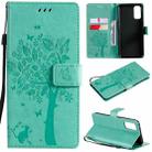 For OPPO Reno4 Tree & Cat Pattern Pressed Printing Horizontal Flip PU Leather Case with Holder & Card Slots & Wallet & Lanyard(Green) - 1