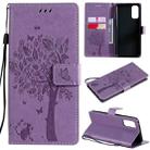 For OPPO Reno4 Tree & Cat Pattern Pressed Printing Horizontal Flip PU Leather Case with Holder & Card Slots & Wallet & Lanyard(Light Purple) - 1
