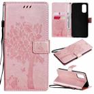 For OPPO Reno4 Tree & Cat Pattern Pressed Printing Horizontal Flip PU Leather Case with Holder & Card Slots & Wallet & Lanyard(Rose Gold) - 1