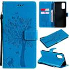 For OPPO Reno4 Tree & Cat Pattern Pressed Printing Horizontal Flip PU Leather Case with Holder & Card Slots & Wallet & Lanyard(Blue) - 1