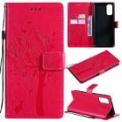 For OPPO Reno4 Tree & Cat Pattern Pressed Printing Horizontal Flip PU Leather Case with Holder & Card Slots & Wallet & Lanyard(Rose Red) - 1