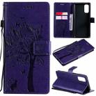 For OPPO Reno4 Tree & Cat Pattern Pressed Printing Horizontal Flip PU Leather Case with Holder & Card Slots & Wallet & Lanyard(Purple) - 1