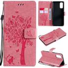 For OPPO Reno4 Tree & Cat Pattern Pressed Printing Horizontal Flip PU Leather Case with Holder & Card Slots & Wallet & Lanyard(Pink) - 1