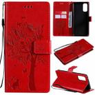 For OPPO Reno4 Tree & Cat Pattern Pressed Printing Horizontal Flip PU Leather Case with Holder & Card Slots & Wallet & Lanyard(Red) - 1
