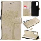 For OPPO Reno4 Tree & Cat Pattern Pressed Printing Horizontal Flip PU Leather Case with Holder & Card Slots & Wallet & Lanyard(Gold) - 1