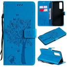 For Huawei P Smart 2021 Tree & Cat Pattern Pressed Printing Horizontal Flip PU Leather Case with Holder & Card Slots & Wallet & Lanyard(Blue) - 1