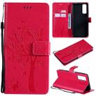 For Huawei P Smart 2021 Tree & Cat Pattern Pressed Printing Horizontal Flip PU Leather Case with Holder & Card Slots & Wallet & Lanyard(Rose Red) - 1