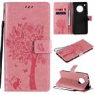 For Huawei Y9a Tree & Cat Pattern Pressed Printing Horizontal Flip PU Leather Case with Holder & Card Slots & Wallet & Lanyard(Pink) - 1