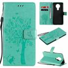 For Nokia 3.4 Tree & Cat Pattern Pressed Printing Horizontal Flip PU Leather Case with Holder & Card Slots & Wallet & Lanyard(Green) - 1