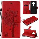 For Nokia 3.4 Tree & Cat Pattern Pressed Printing Horizontal Flip PU Leather Case with Holder & Card Slots & Wallet & Lanyard(Red) - 1