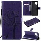For Samsung Galaxy A42 5G Tree & Cat Pattern Pressed Printing Horizontal Flip PU Leather Case with Holder & Card Slots & Wallet & Lanyard(Purple) - 1