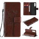 For Sony Xperia5 II Tree & Cat Pattern Pressed Printing Horizontal Flip PU Leather Case with Holder & Card Slots & Wallet & Lanyard(Coffee) - 1